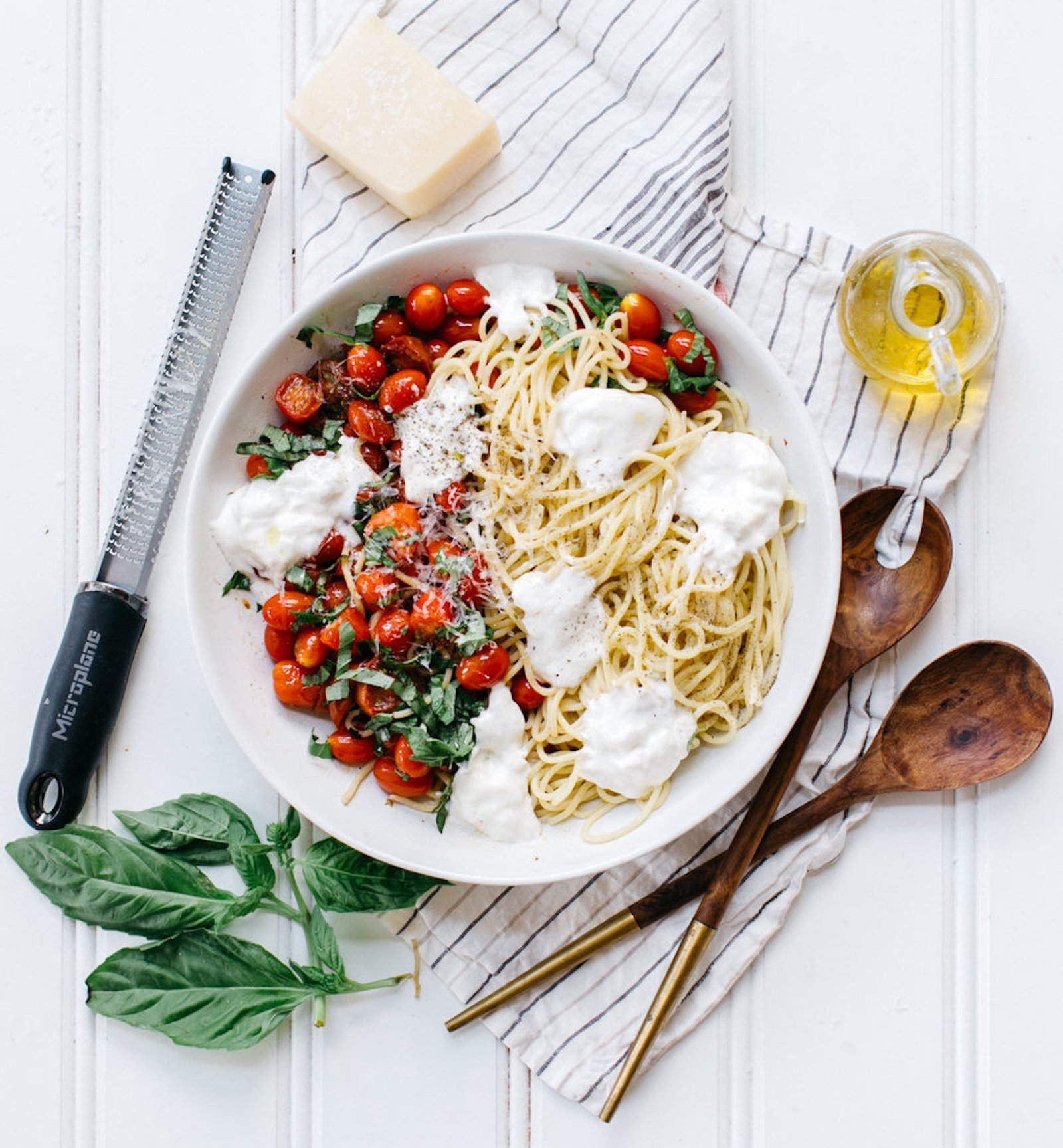 summer spaghetti with tomatoes, buttata, and basil