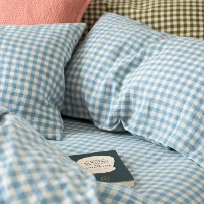 Warm blue gingham linen pillowcase.