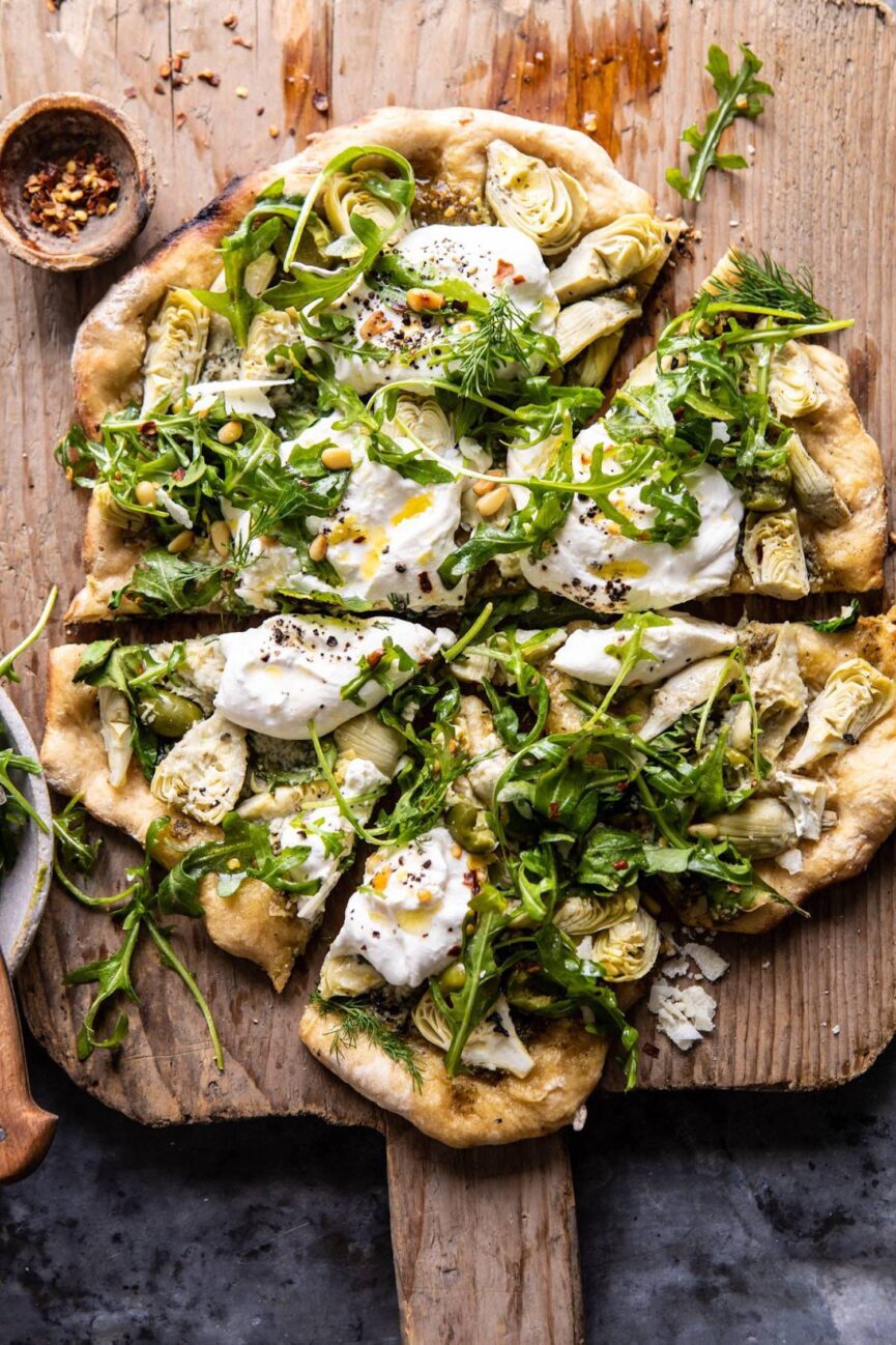 Artichoke Pesto and Burrata Pizza with Lemony Arugula From Half Baked Harvest