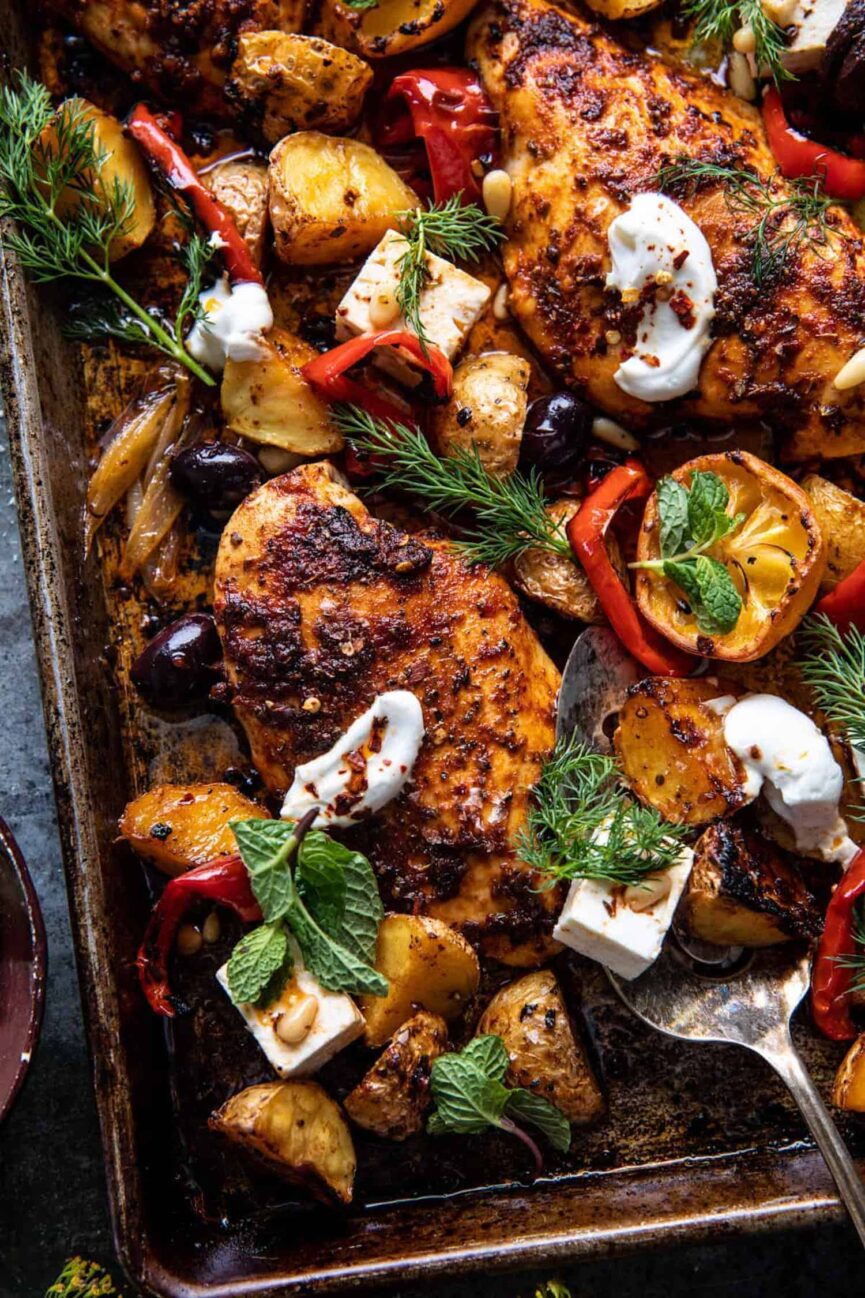 Easy Greek Sheet Pan Chicken Souvraki with Potatoes from Half Baked Harvest