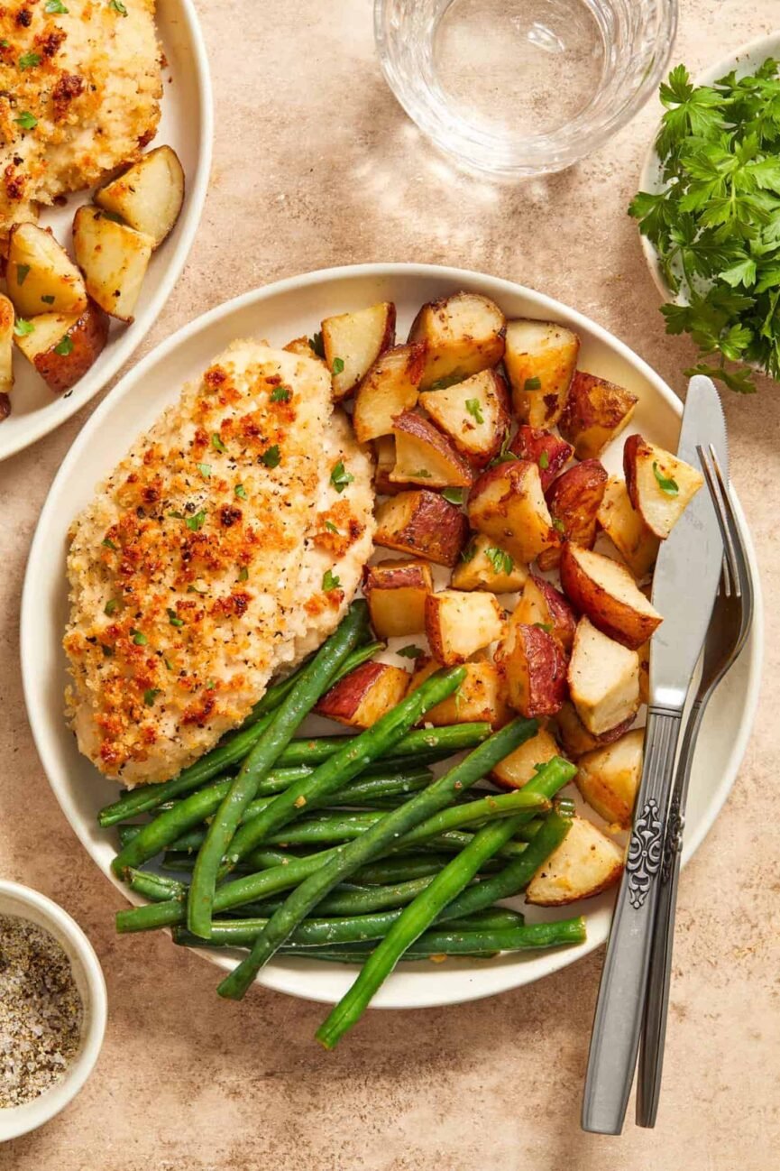 Lemon + Zest Parmesan Cheese Crusted Chicken Sheet Pan Dinner