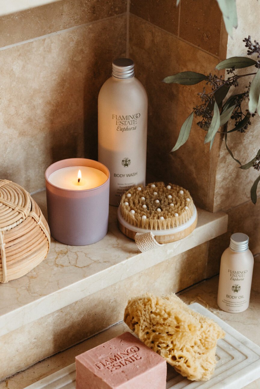 Beauty and skincare products in the bath.