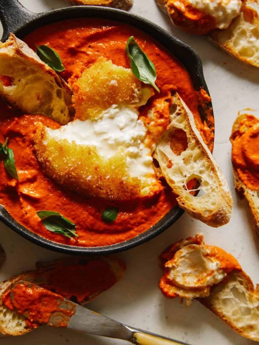 fried burrata over romesco sauce