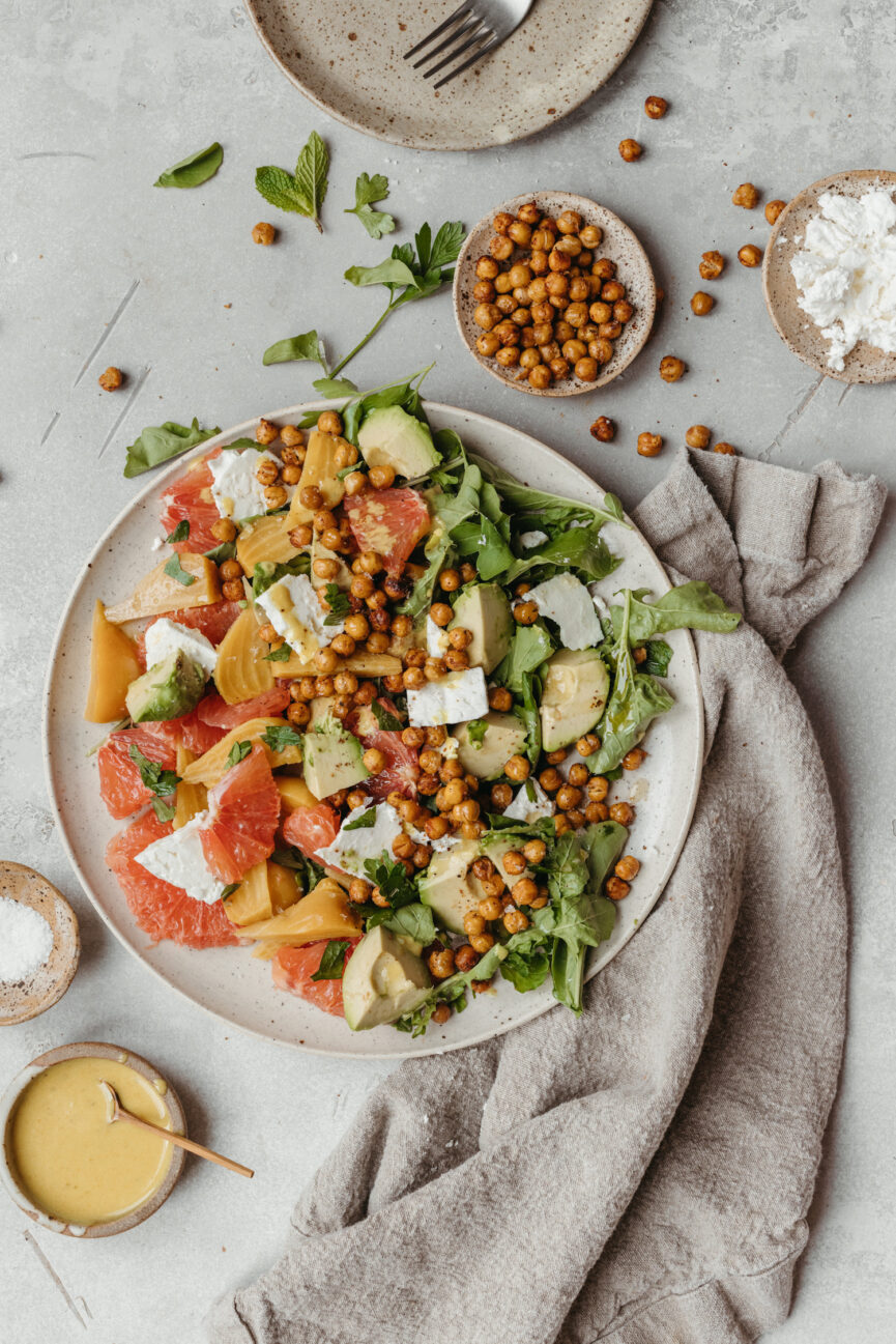 Grapefruit, Avocado, Golden Beet Salad with Crispy Chickpeas and Feta Cheese