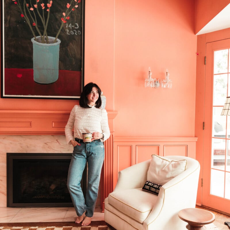 Coral living room and mantle