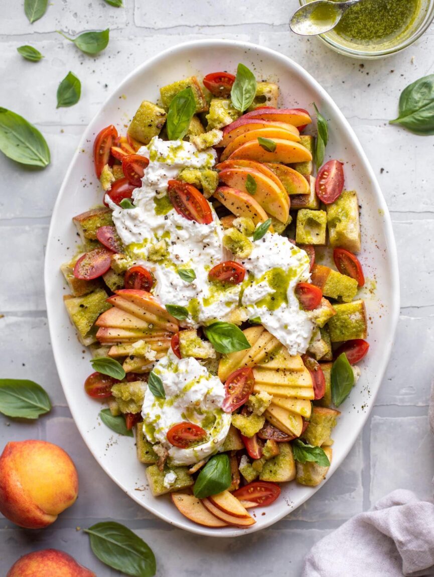 Burrata Basil and Peach Panzanella