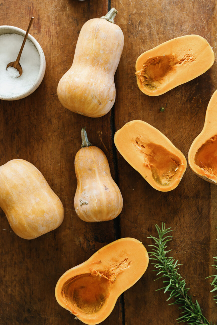 Honey pumpkin on a cutting board.