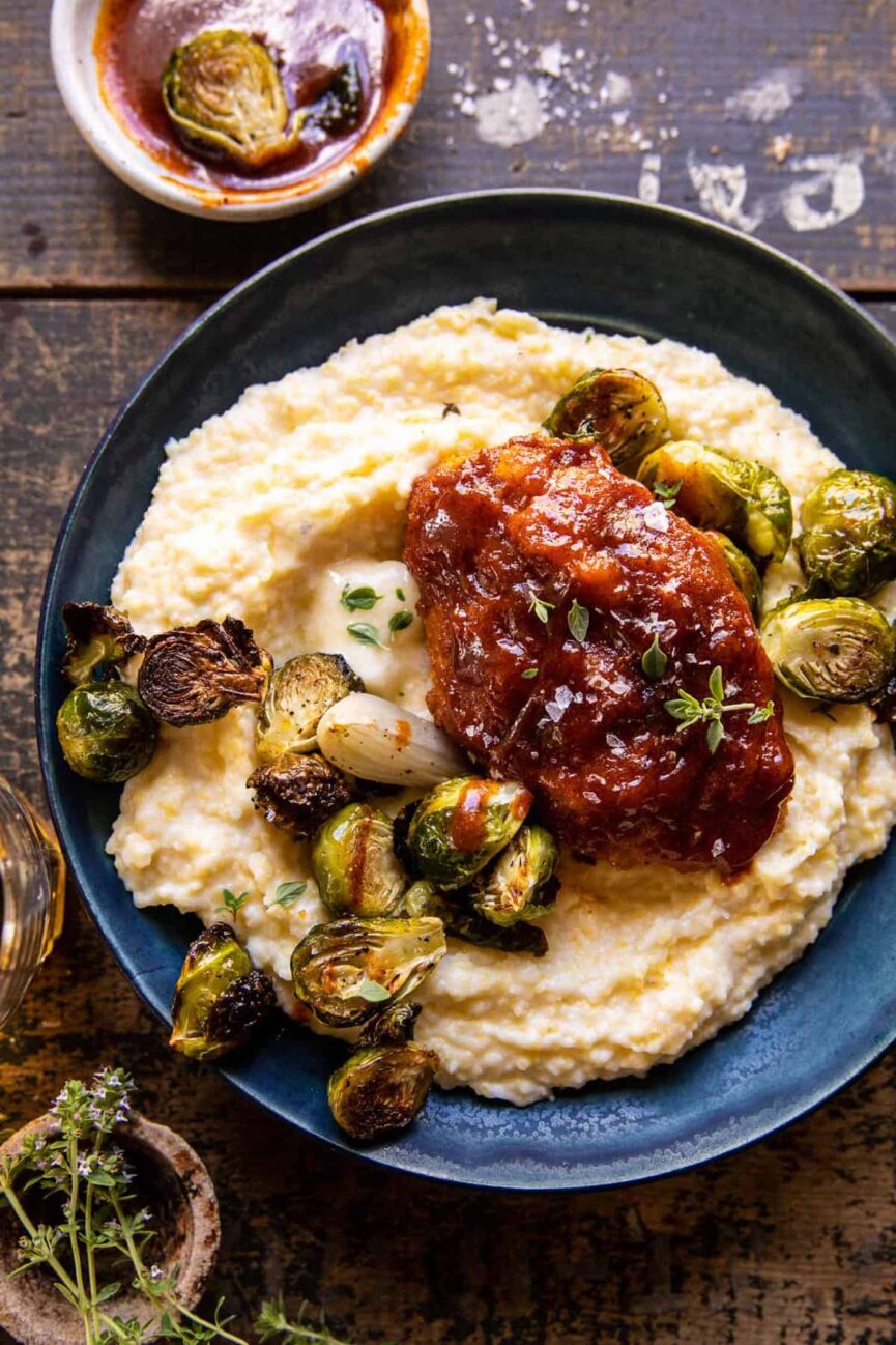 Sheet Pan Hot Honey Mustard Chicken and Crispy Brussels Sprouts from Half Baked Harvest