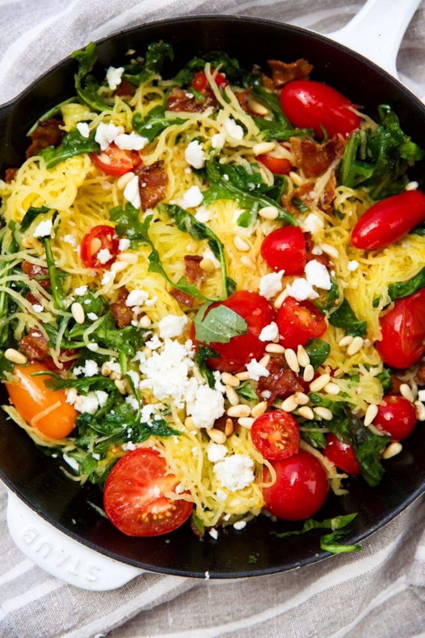 spaghetti squash pasta with goat cheese, arugula, and bacon_fall seasonal vegetables