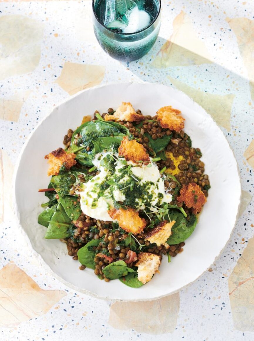 warm lentil salad with burrata & basil oil