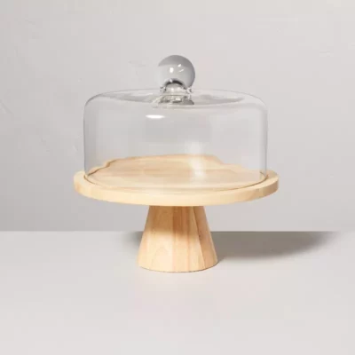 11.5" Wooden Cake Stand with Glass Cloche