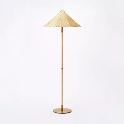 Floor Lamp Gold Iron with Tapered Rattan Shade