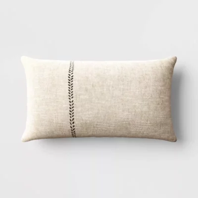 Oversized Stitched Lumbar Throw Pillow Neutral: Cotton-Linen Blend