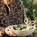 betsy sadler fall dinner party in los angeles - leopard coat, salad