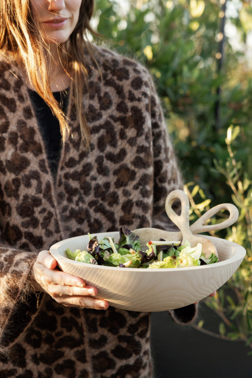 betsy sadler fall dinner party in los angeles - leopard coat, salad