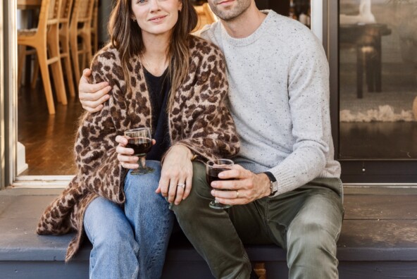 betsy sadler and husband greg, fall dinner party in los angeles - leopard coat