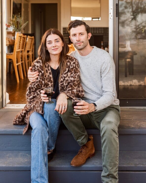 betsy sadler and husband greg, fall dinner party in los angeles - leopard coat