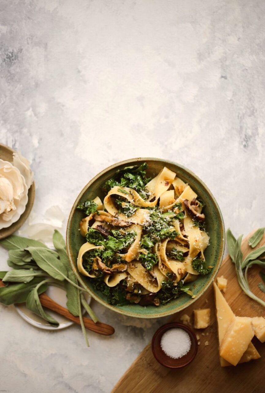 pappardelle with shiitakes, kale, & jammy leeks