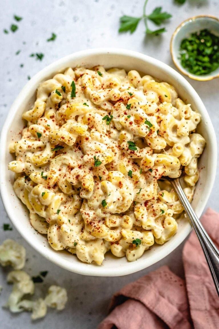 Macarrones con queso y coliflor veganos_recetas saludables de comida reconfortante