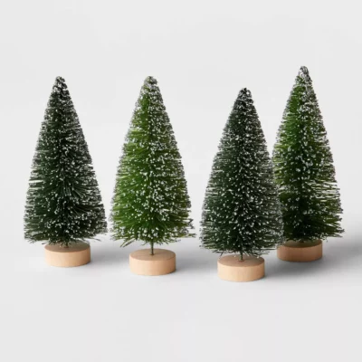 4pc 4" Sisal Bottle Brush Tree Christmas Figurine Set