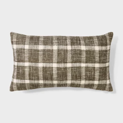 Woven Plaid with Faux Leather Zipper Lumbar Throw Pillow Brown