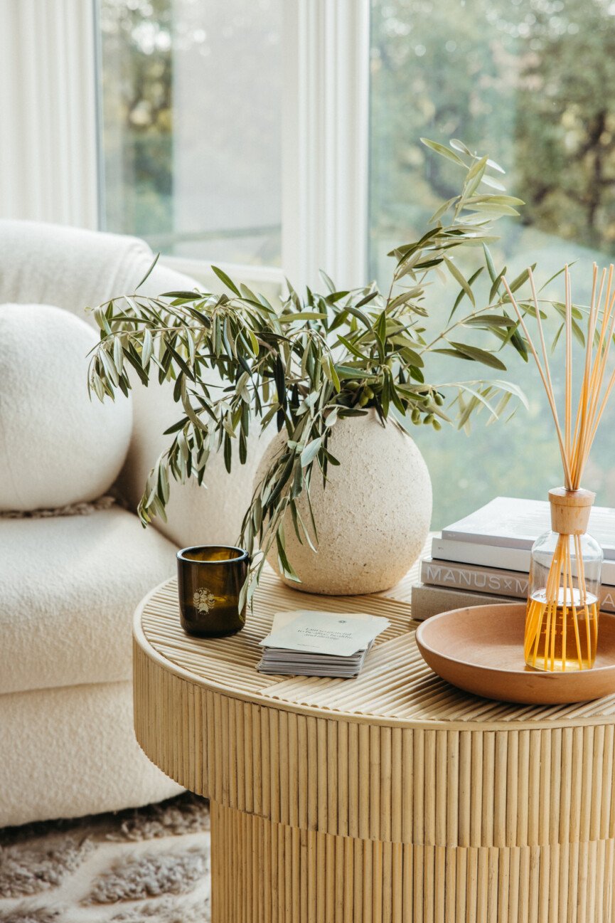 Planta, vela e tubo difusor em cima da mesa