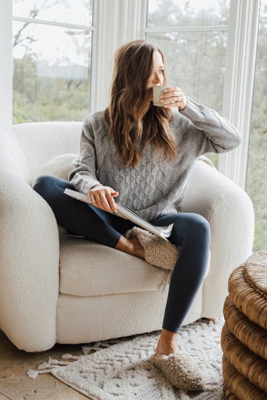 Camille Styles cozy loungewear reset day routine.