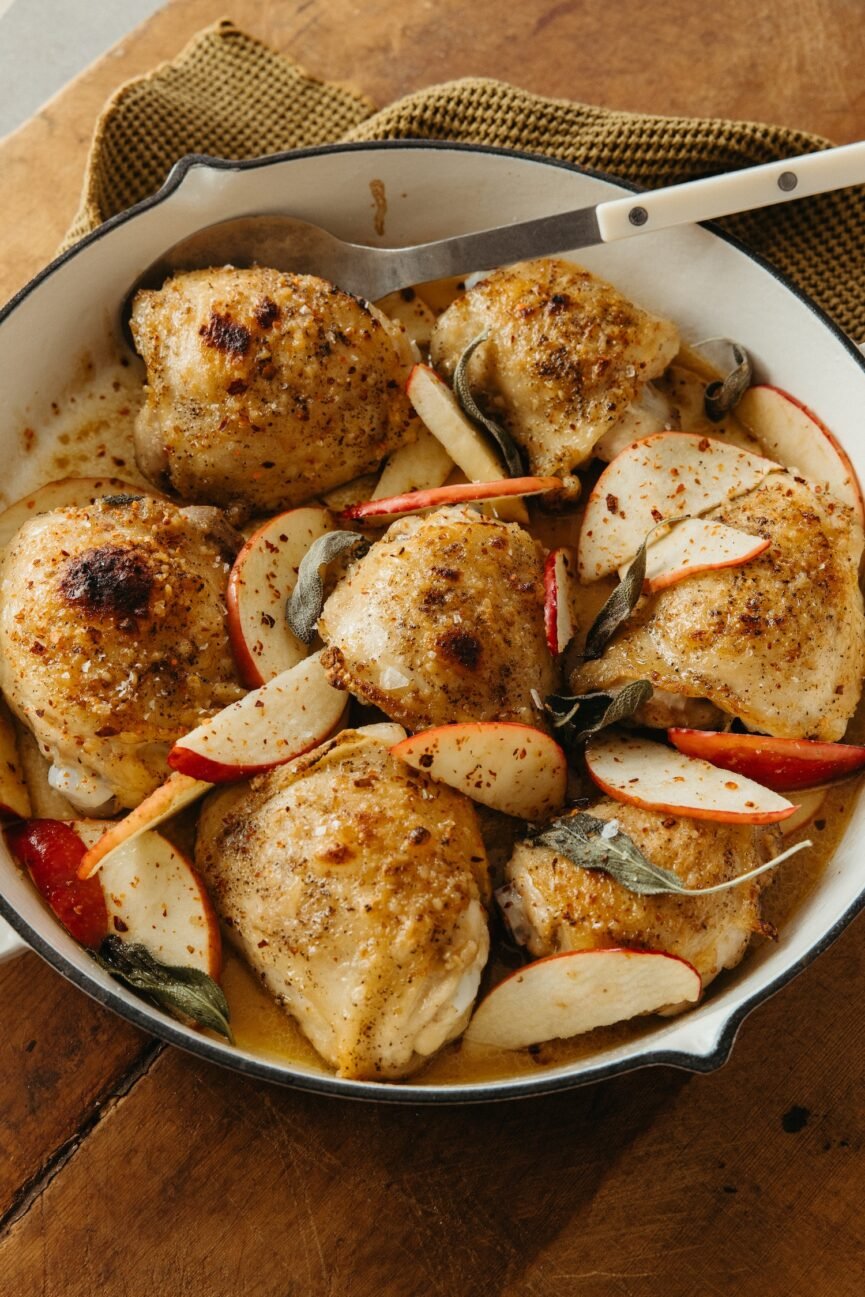 cider glazed chicken thighs in skillet