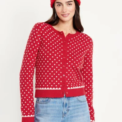 SoSoft Holiday Print Crop Cardigan Sweater