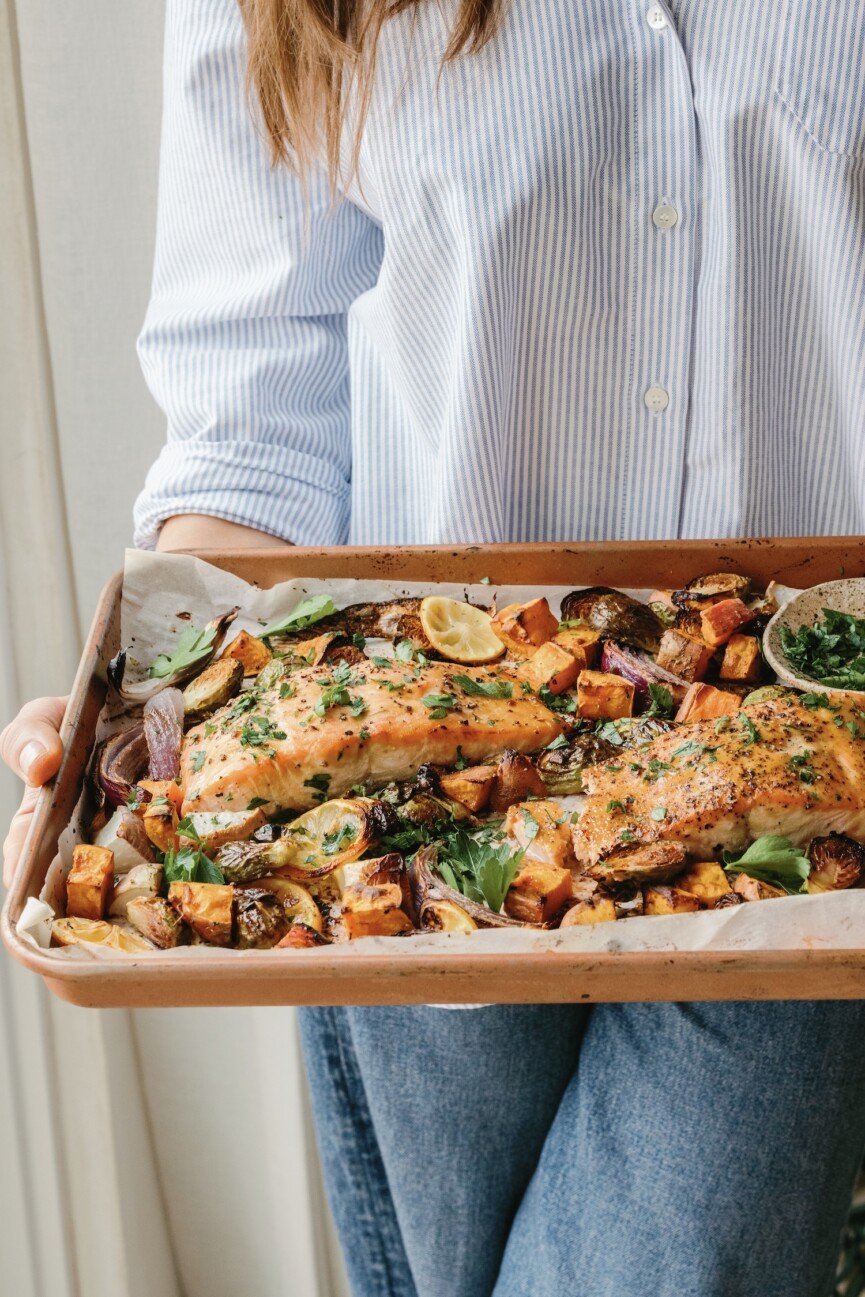 roasted salmon with veggies on tray