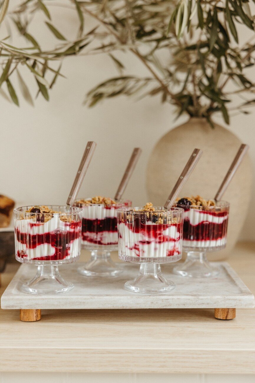 berry yogurt parfait on serving tray