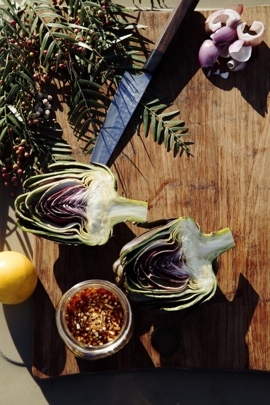 artichokes on cutting board