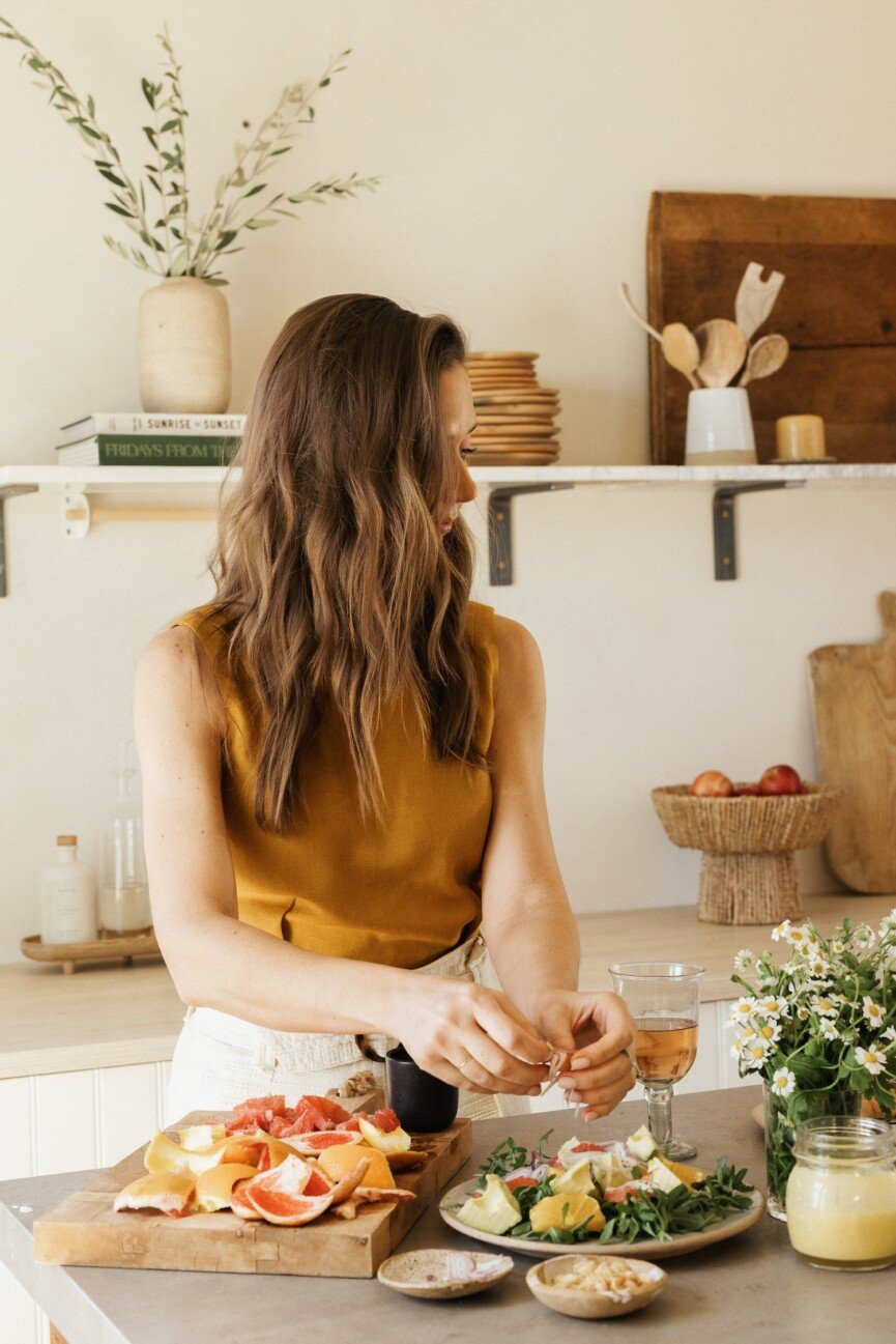 citrus salmon salad with avocado, yellow shirt