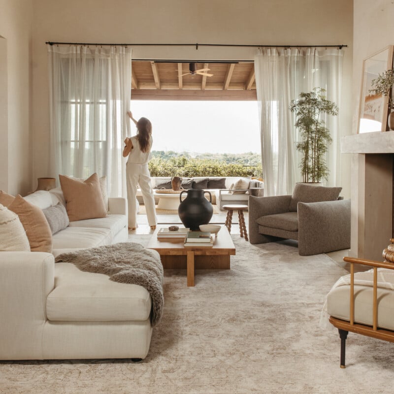 Camille Styles Living Room Austin House sheer curtains
