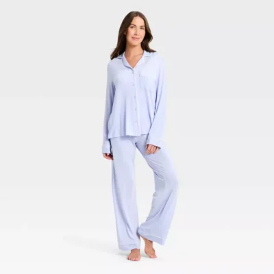 Women's Cloud Knit Long Sleeve Notch Collar Top and Pants Pajama Set, Auden, Target