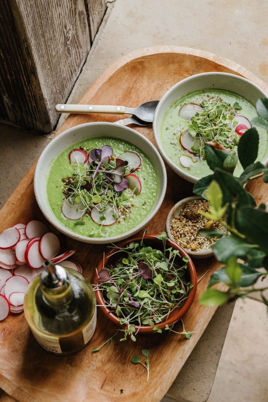 pea gazpacho in bowls Camilla Marcus brunch