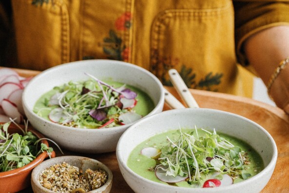 spring pea gazpacho in bowls