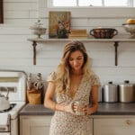 Woman drinking coffee in her soft mornings routine.