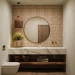 japandi beach house powder bath design natural zellige tile
