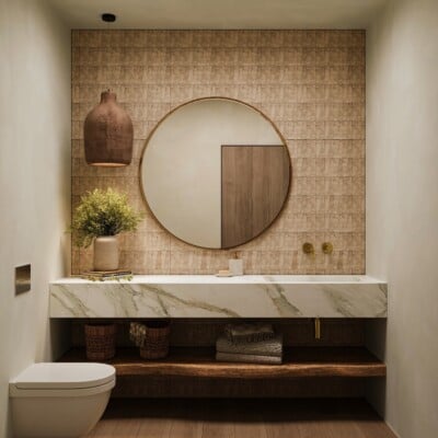 japandi beach house powder bath design natural zellige tile
