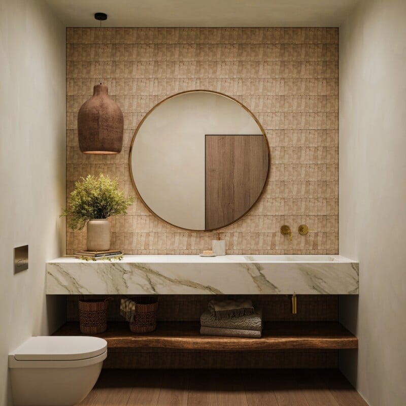 japandi beach house powder bath design natural zellige tile