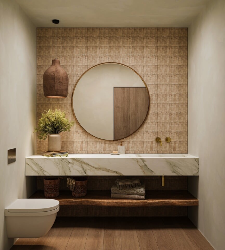 japandi beach house powder bath design natural zellige tile