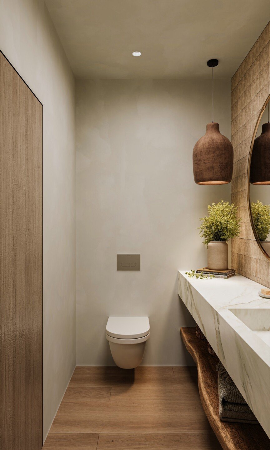 japandi beach house powder bath design minimalist toilet