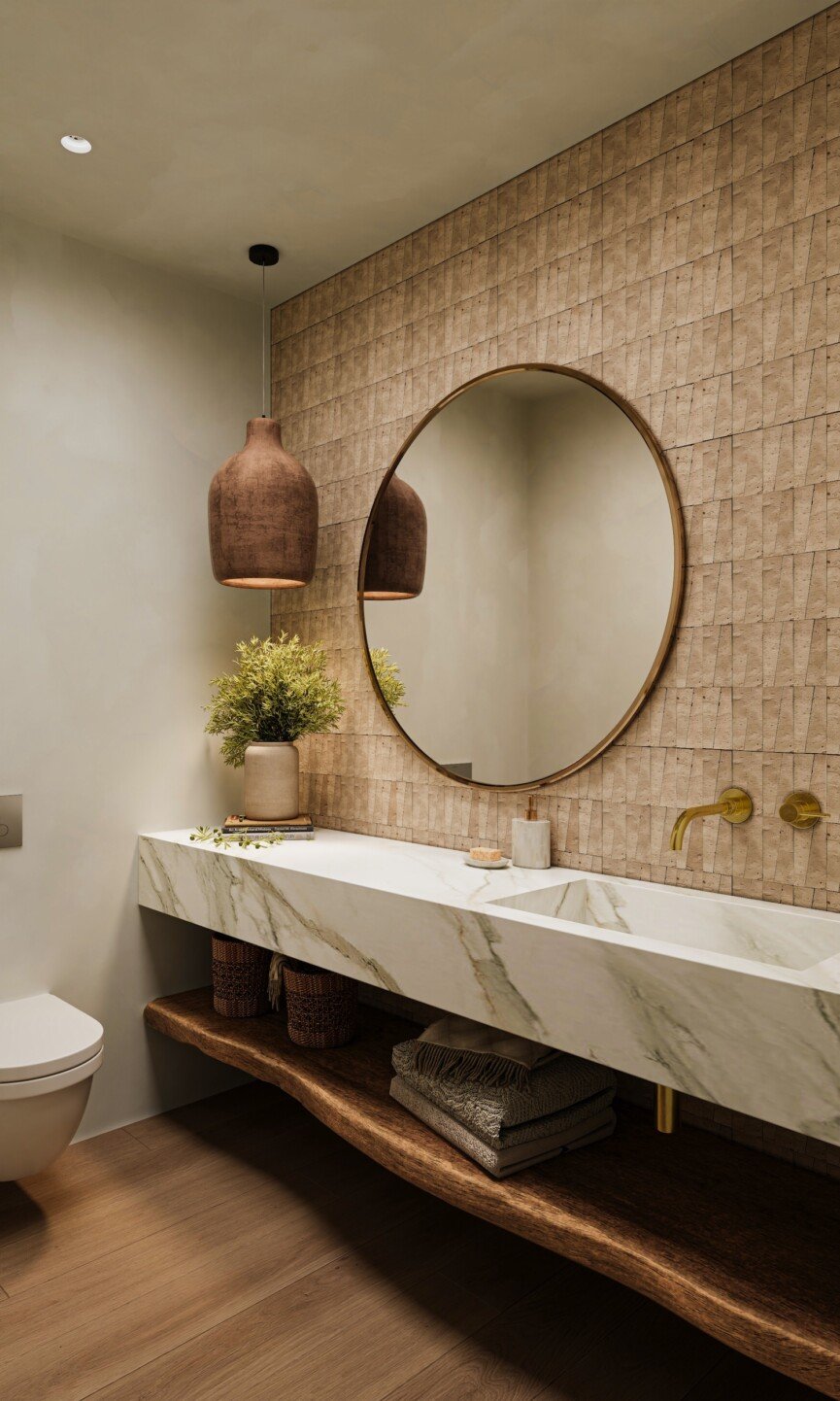 japandi beach house powder bath design natural zellige tile