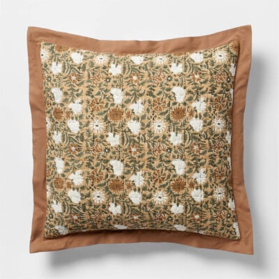 Celeste Organic Cotton Taupe Desert Floral Block Print Quilted Euro Bed Pillow Sham, Crate and Barrel