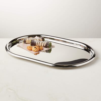 Piero Oval Polished Stainless Steel Serving Tray, CB2