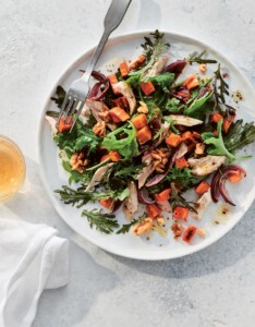 Baby Kale with Roasted Sweet Potato, Walnuts + Maple- Ginger Dressing