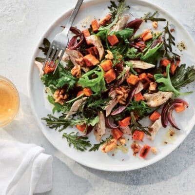 Baby Kale with Roasted Sweet Potato, Walnuts + Maple- Ginger Dressing