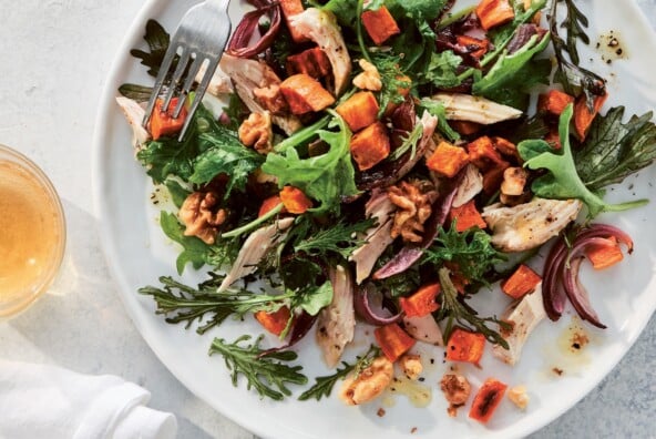 Baby Kale with Roasted Sweet Potato, Walnuts + Maple- Ginger Dressing