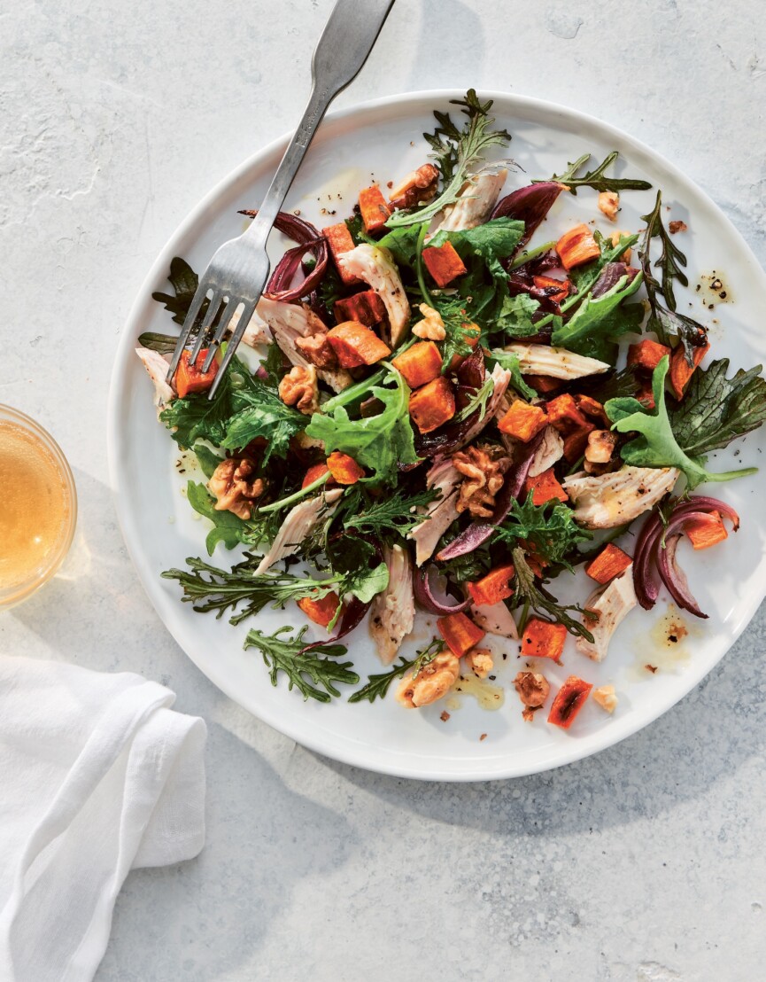 Baby Kale with Roasted Sweet Potato, Walnuts + Maple- Ginger Dressing
